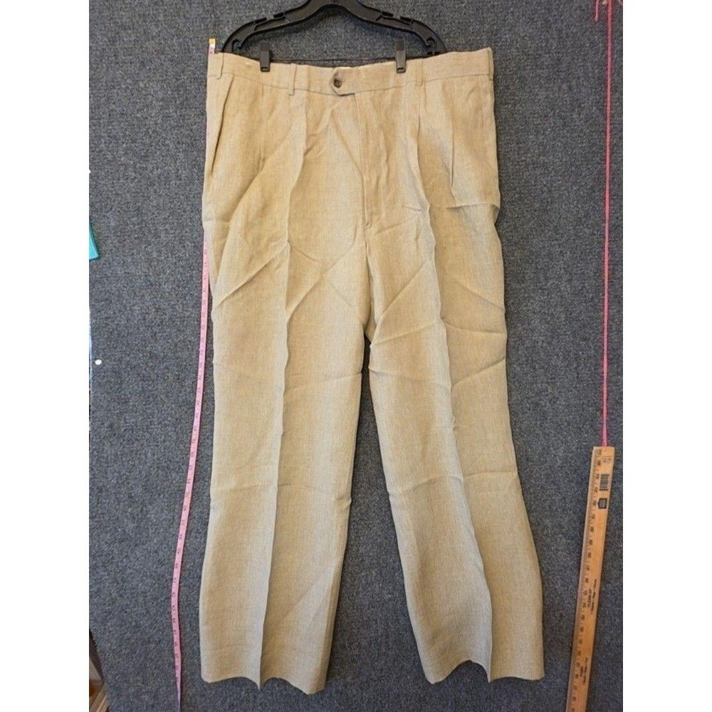 Paul Fredrick Dress Pants Mens 44x36 Beige Linen Classic Flat Front Summer
